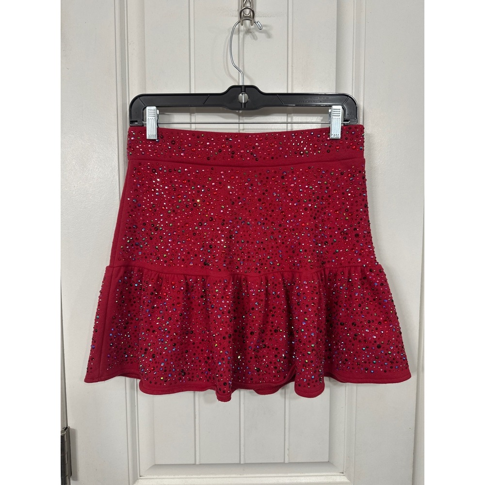Queen of Sparkles Red Rhinestone Ruffle Mini Skirt Small Multi Color Embellished